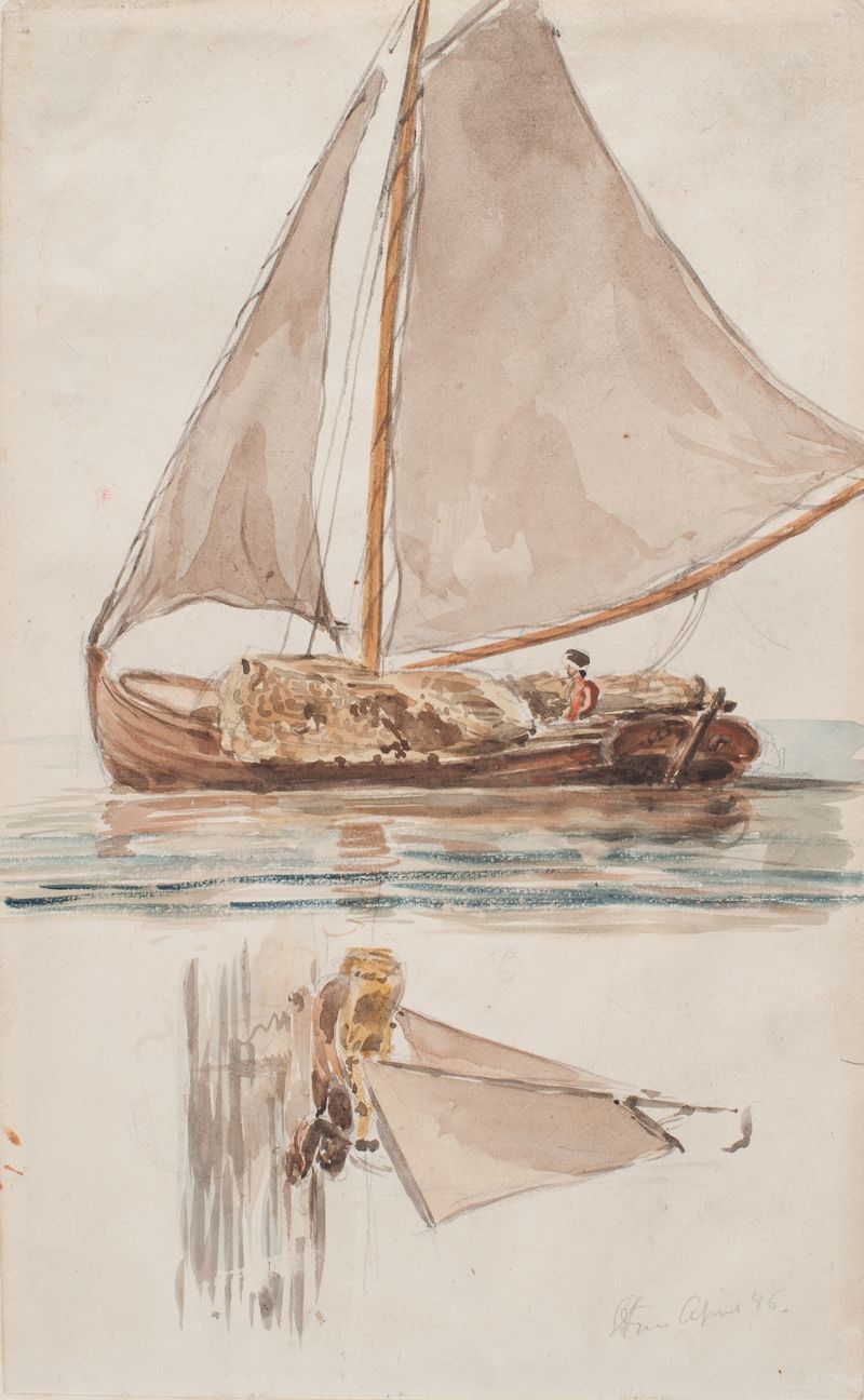 Marine scene with a boat on calm water, oil painting by Bror Jacob Adelborg