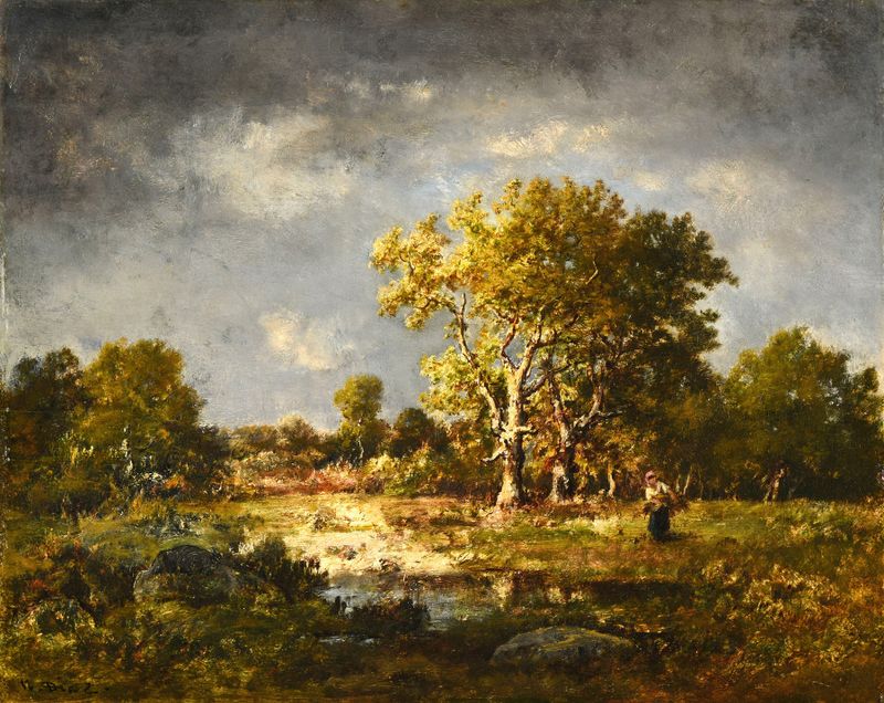 Une clairière, óleo sobre tela de Narcisse-Virgile Diaz de La Peña, retratando uma clareira serena na floresta.