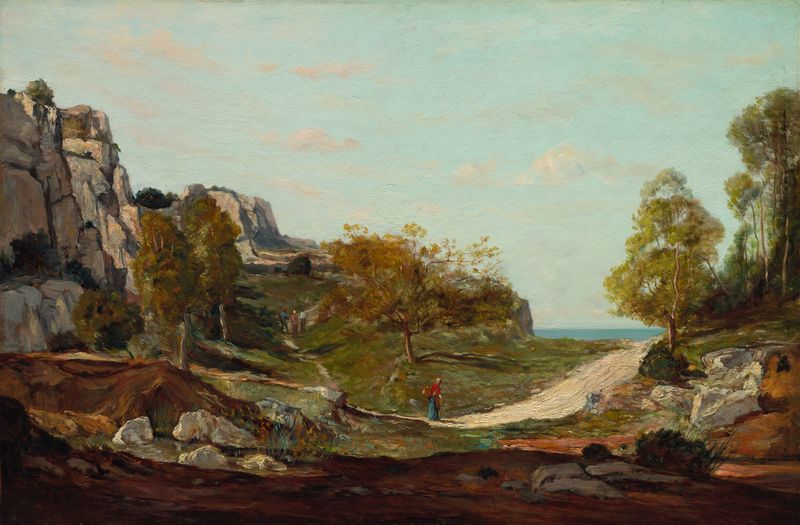 Paisaje en Saint-André, cerca de Marsella de Paul Gauguin, óleo de colinas ondulantes bajo la luz del sol.