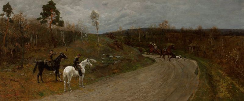 Cena histórica com uma figura nas sombras, óleo de Antoni Piotrowski