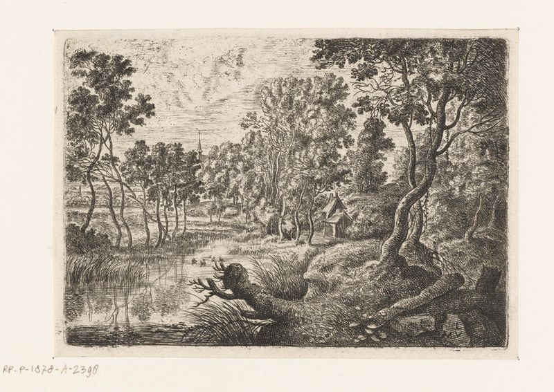 Etching by Lucas van Uden depicting a brook and lush greenery
