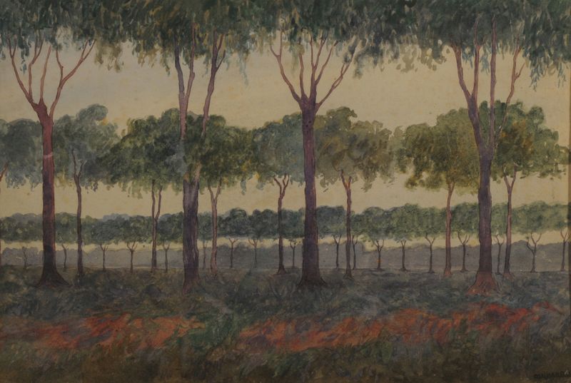 La arboleda de Martín Malharro, óleo sobre tela representando árvores com luz dourada