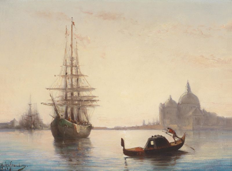 Pintura al óleo de Venecia por Joseph Hippolyte Aussandon que muestra un canal tranquilo con reflejos y luz brillante.