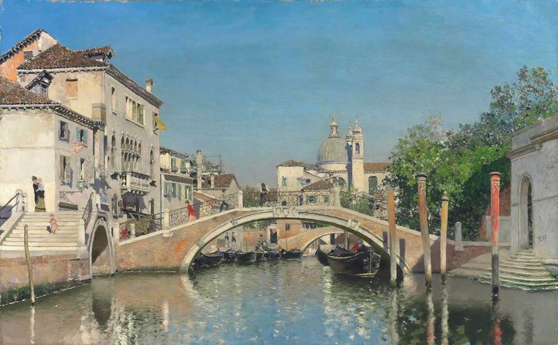 A Venetian canal with gondolas and Santa Maria Della Salute, oil on canvas by Martin Rico y Ortega.