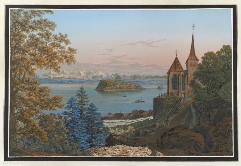 Landscape of Lake Bienne with reflections, by Johann Joseph Hartmann