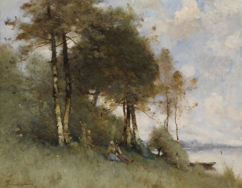 Escena ribereña de Paul Désiré Trouillebert, pintura al óleo
