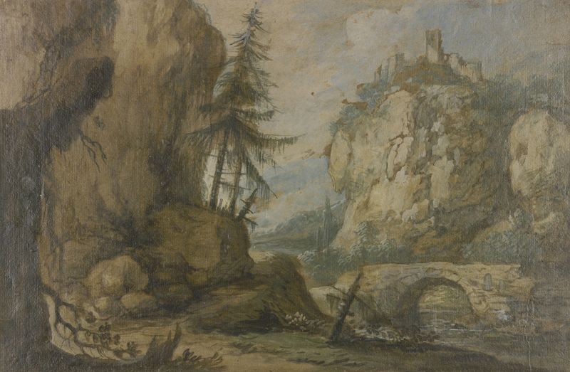 Landscape with a castle on a cliff and a river, oil painting by Allaert van Everdingen