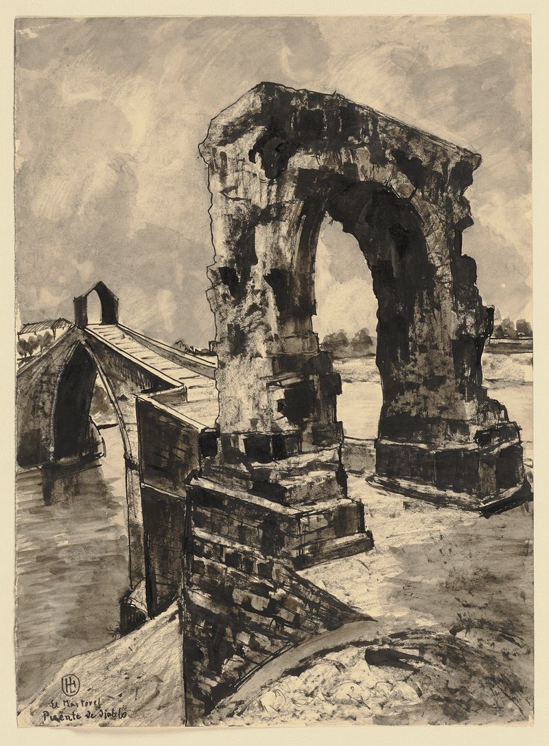 Der Pont del Diable in Martorell by Hermann Lismann, oil painting depicting a stone bridge at dusk.