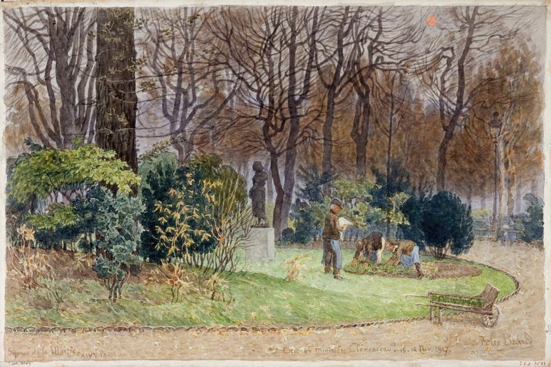 Escena de género que muestra jardineros en una plaza, pintura al óleo de Félix Brard
