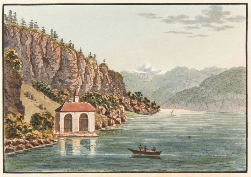 Paisagem com capela e reflexos no lago de Jakob Samuel Weibel