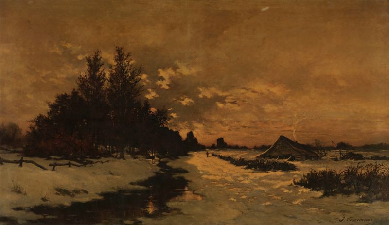 A Winter’s Day in the Kempen by Joseph Théodore Coosemans, realism, depicting a winter landscape with bare trees.