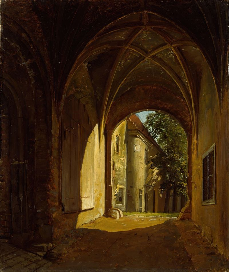 Vista interior de um salão abobadado no Castelo Scharfenberg, óleo sobre tela de Thomas Fearnley