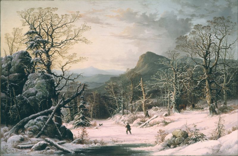 Hunter in Winter Wood by George Henry Durrie, oil painting of a hunter in a snowy forest.