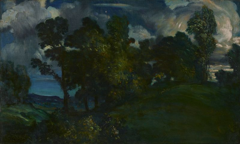 Night’s Overture de Arthur Bowen Davies, óleo sobre lienzo que representa un paisaje nocturno inquietante.