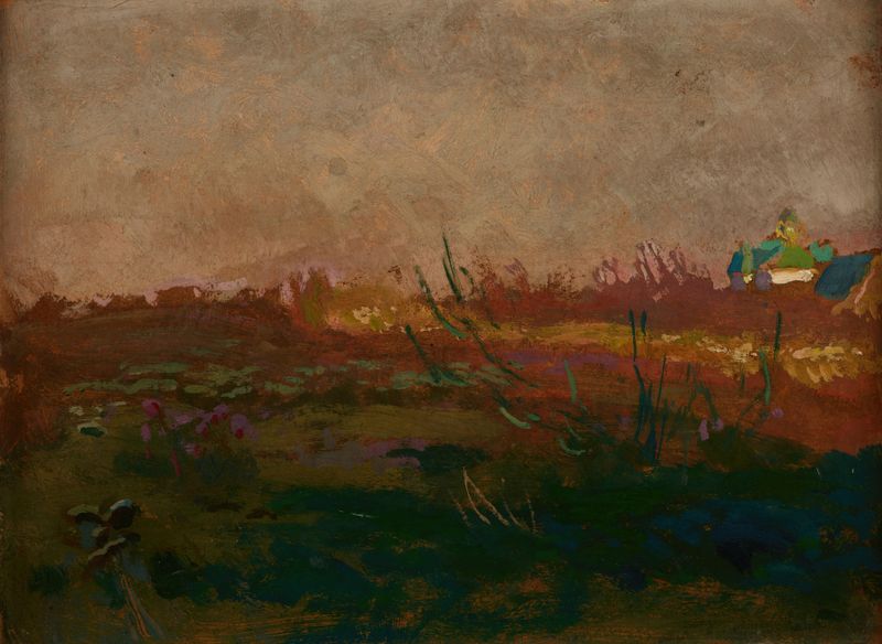 Paisagem com uma figura sob a luz do sol, pintura a óleo de Jan Stanisławski