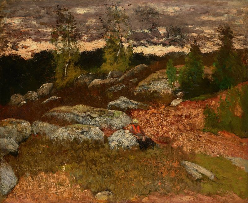 Forest landscape oil painting by László Paál featuring a dappled path through trees.