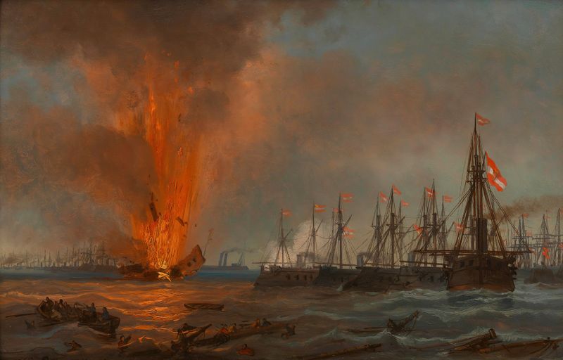Cena de batalha naval com navios em mar tempestuoso, pintura a óleo de J.C.B. Prittner