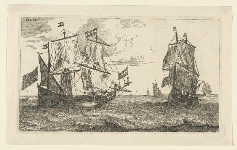 Twee grote zeilschepen met vlaggen de Reinier Nooms, grabado de dos barcos con velas y banderas