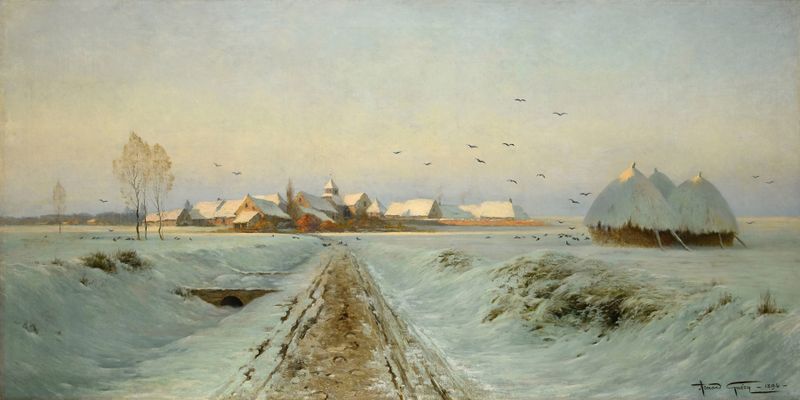 Winter landscape with a solitary figure in snow by Armand Guéry