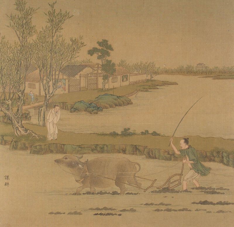 Decorative art on silk by Qiu Ying, featuring rice and silk culture.