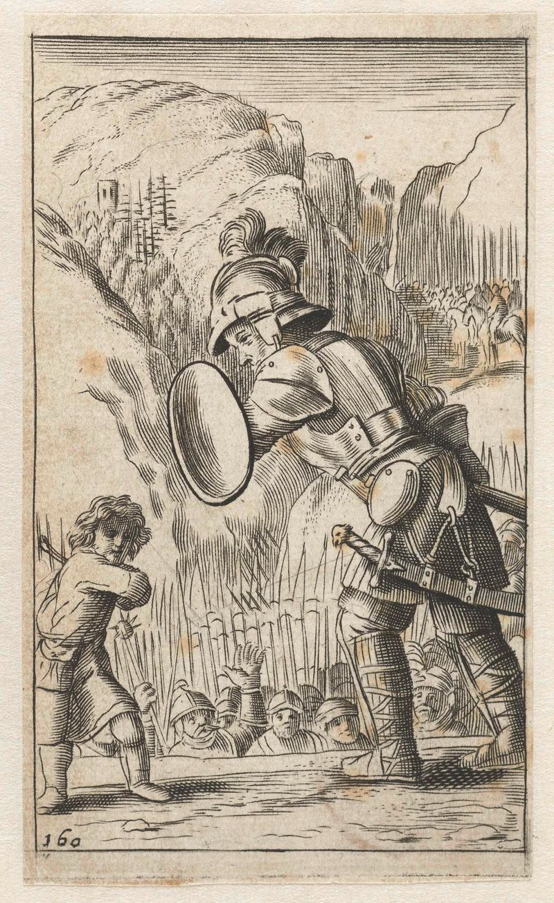 Gravura de Salomon Italia de David confrontando Golias com luz dramática