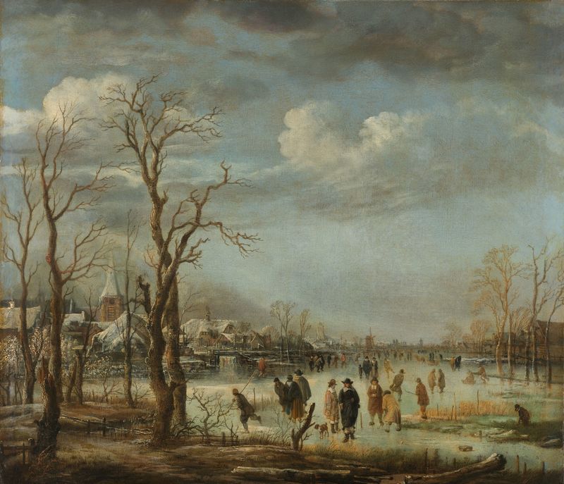 Paisaje invernal con árboles desnudos y nieve, óleo sobre lienzo de Aert van der Neer