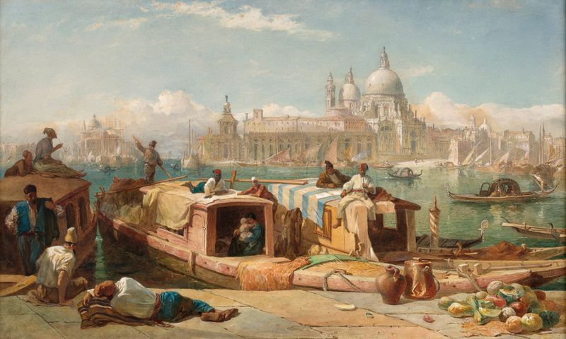 Oil painting by Frederick Goodall depicting figures in boats at the piazzetta.