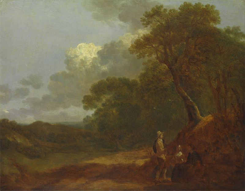 Paisagem arborizada com figuras em conversa, óleo sobre tela de Thomas Gainsborough