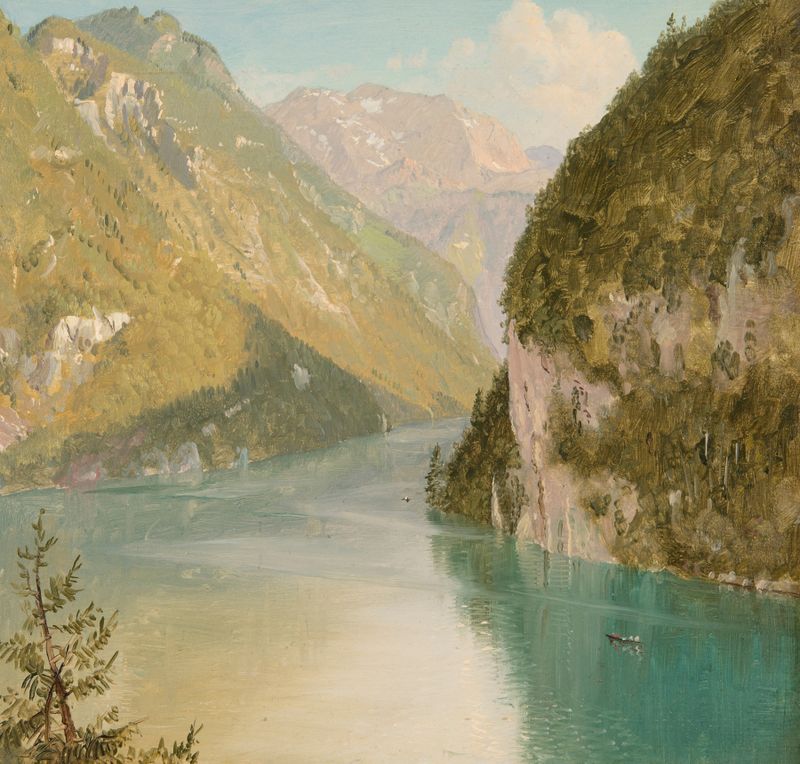 Königssee, Baviera óleo de Frederic Edwin Church que representa un lago sereno con montañas.