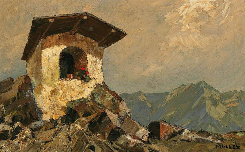 Landscape featuring a bildstock in muted earth tones by Oskar Mulley, oil painting