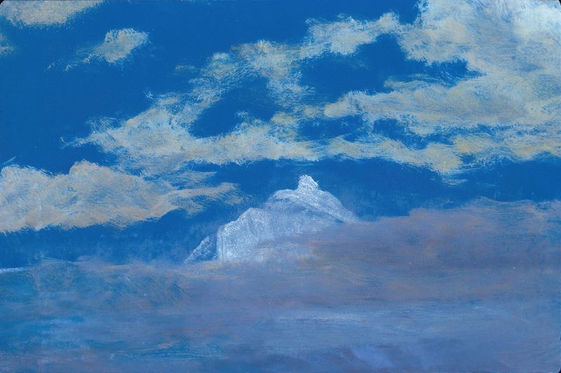 Cloud Study With Mountain Peak de Albert Bierstadt, pintura al óleo que representa nubes y una montaña.