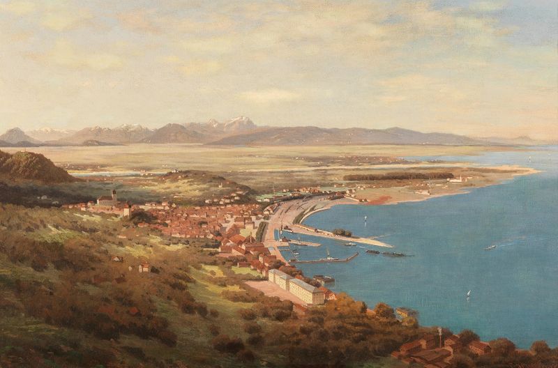 Paisagem do Bodensee com montanhas, por Paul Heitinger, meio desconhecido.