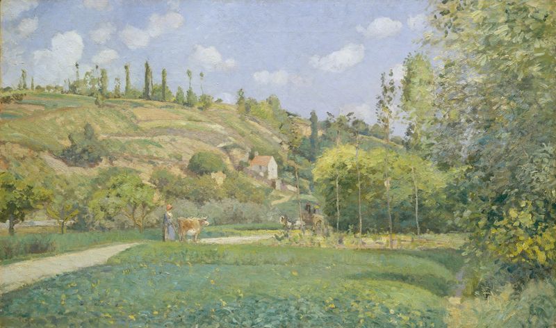 Un vaquero cuidando ganado en un entorno rural, pintura al óleo de Camille Pissarro