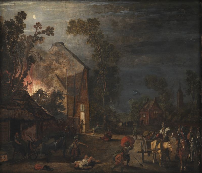A Village Looted at Night, pintura a óleo de Esaias van de Velde, retratando uma aldeia sob a luz da lua.