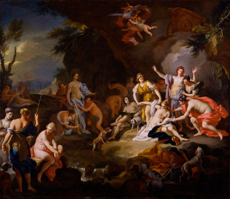 Diana e Calisto, óleo sobre tela de um artista não identificado, retratando um momento de intimidade e luz.