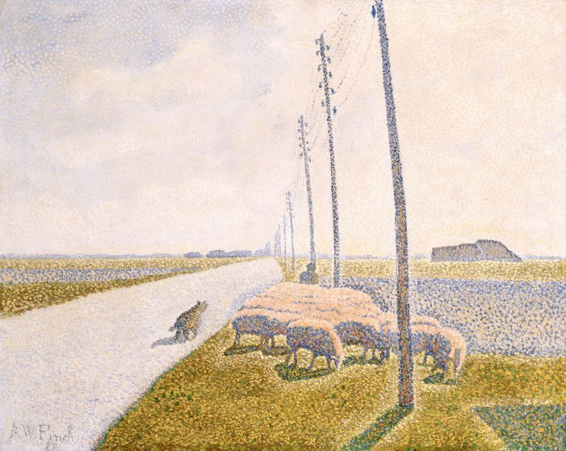 The Road to Nieuport by Alfred William Finch, oil on canvas depicting a winding road under a colorful sky.