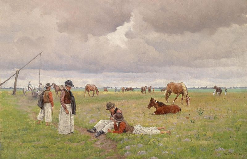 Junge Hirten in der Puszta by Hermann Reisz, oil on canvas depicting young shepherds in a twilight landscape.