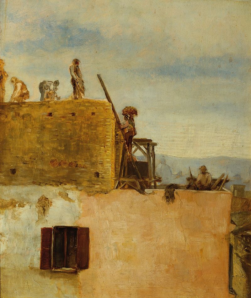 Cena figurativa de um trabalhador segurando uma viga em Arbeiter an einem Hausbau de Max Klinger, 1889