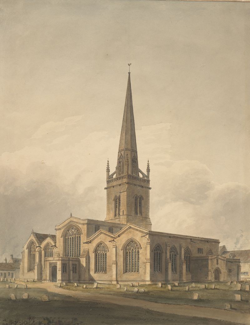 Aquarela de John Buckler retratando a Igreja de St. Helen em Abingdon, destacando o trabalho em pedra.