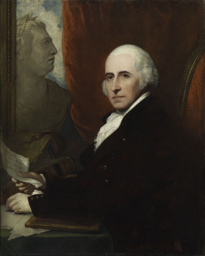Self-Portrait by Benjamin West, wood medium, featuring an intense gaze and dark tones.