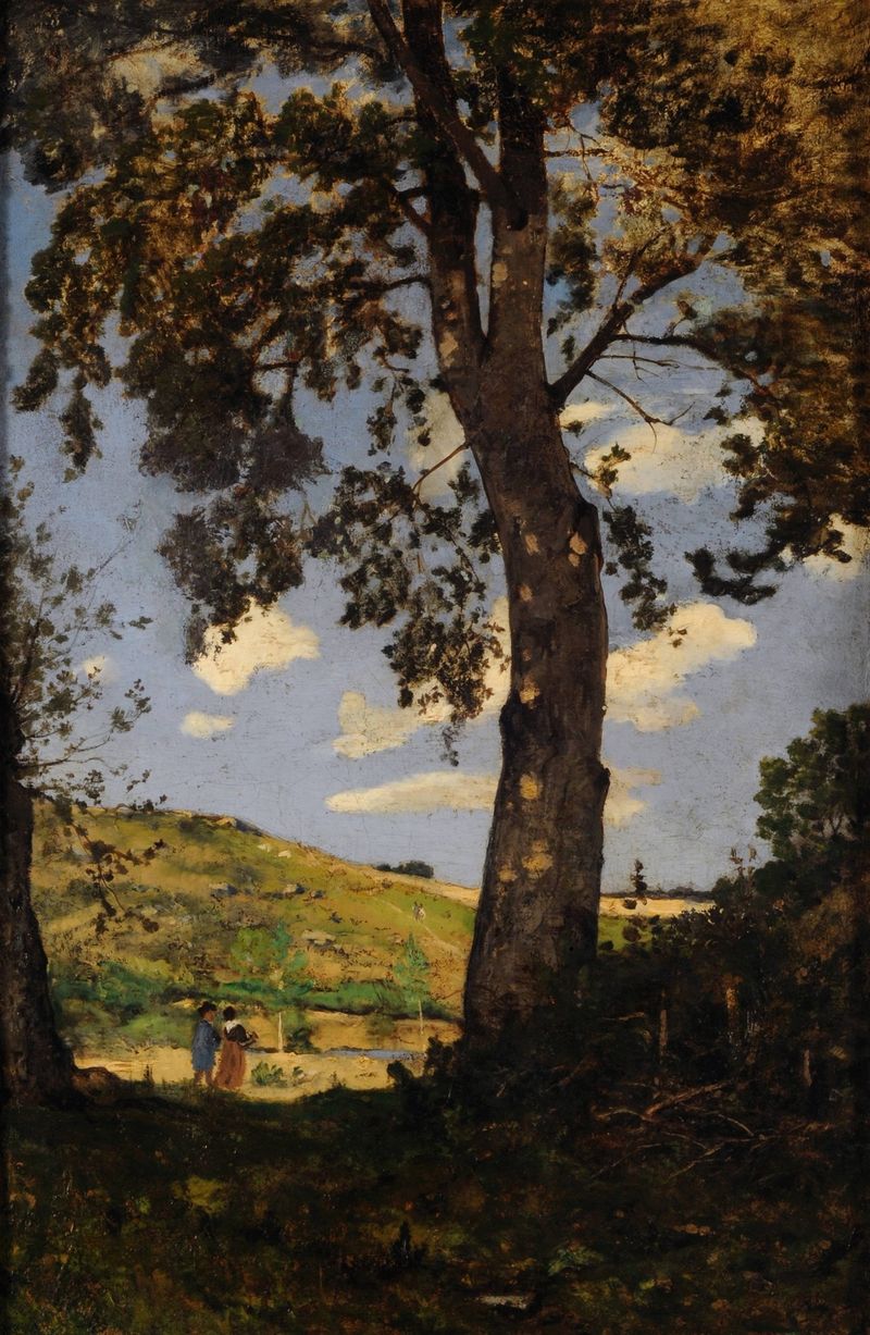 Le gros arbre de Henri-Joseph Harpignies, óleo sobre tela que retrata uma árvore solitária com a luz do sol filtrando pela...