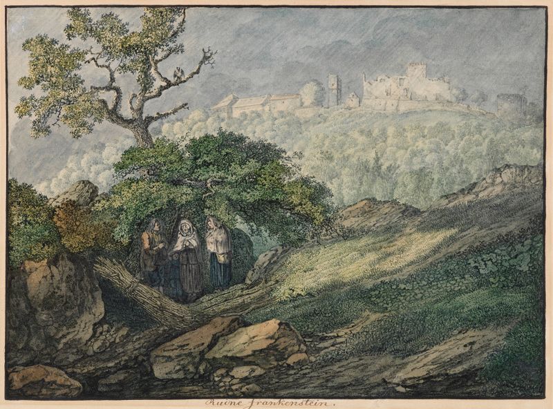 Ruine Frankenstein, Winter de Carl Philipp Fohr, aquarela sobre papel que retrata uma paisagem de inverno com ruínas de ca...