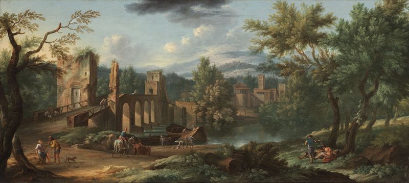 Fantasy View of the Ponte Molle, Rome by Jacob de Heusch, oil on canvas