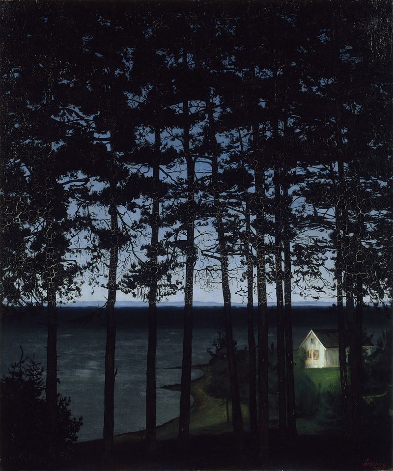 Fisherman’s Cottage by Harald Sohlberg, oil painting depicting a cottage in a tranquil landscape.