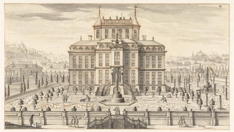 Landhuis met park de Guillaume de Bruijn, óleo sobre tela que mostra um parque com árvores e uma casa