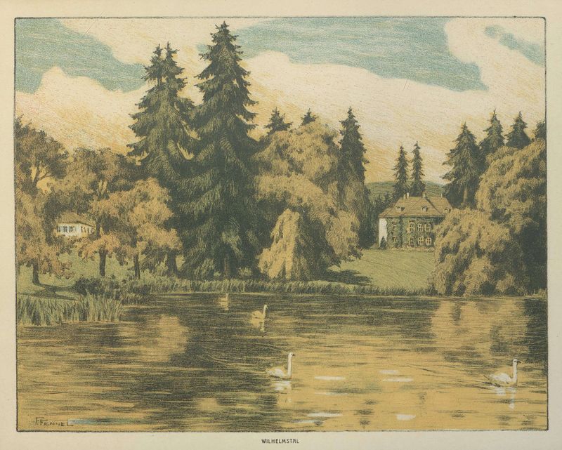 Landscape oil painting by Friedrich Fennel depicting dawn light and tranquil nature.