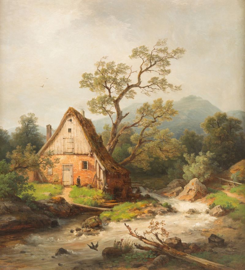 Romantic watermill by a stream, óleo sobre lienzo de Heinrich Steinike
