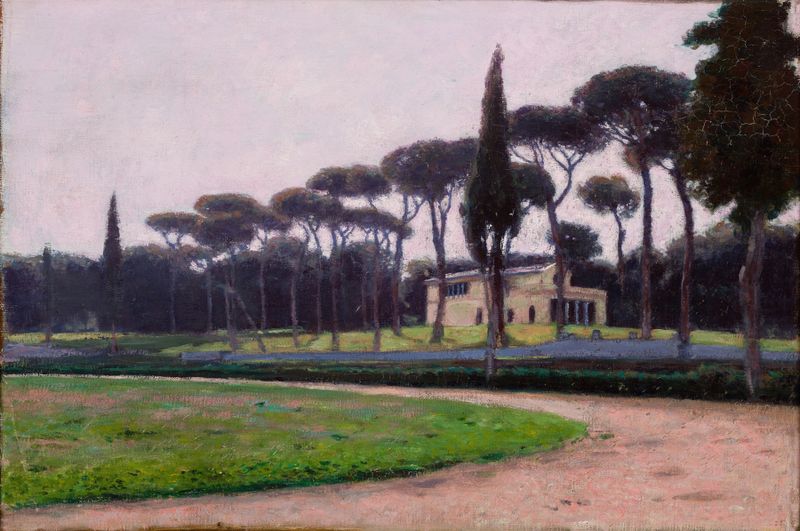 Villa Borghese in Rome by Aleksander Gierymski, oil on canvas, featuring trees and a serene pathway.