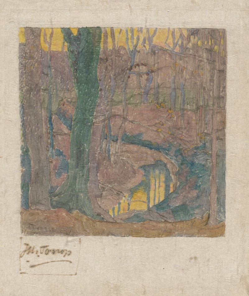 Kale beukebomen langs een beek 2 by Jan Toorop, oil painting of bare beech trees along a river.