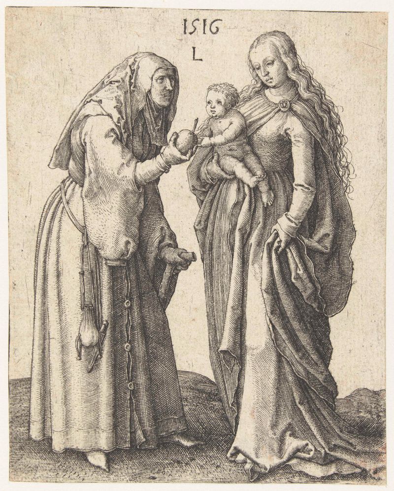Gravura de Lucas van Leyden mostrando Maria met kind en de heilige Anna com expressões serenas.